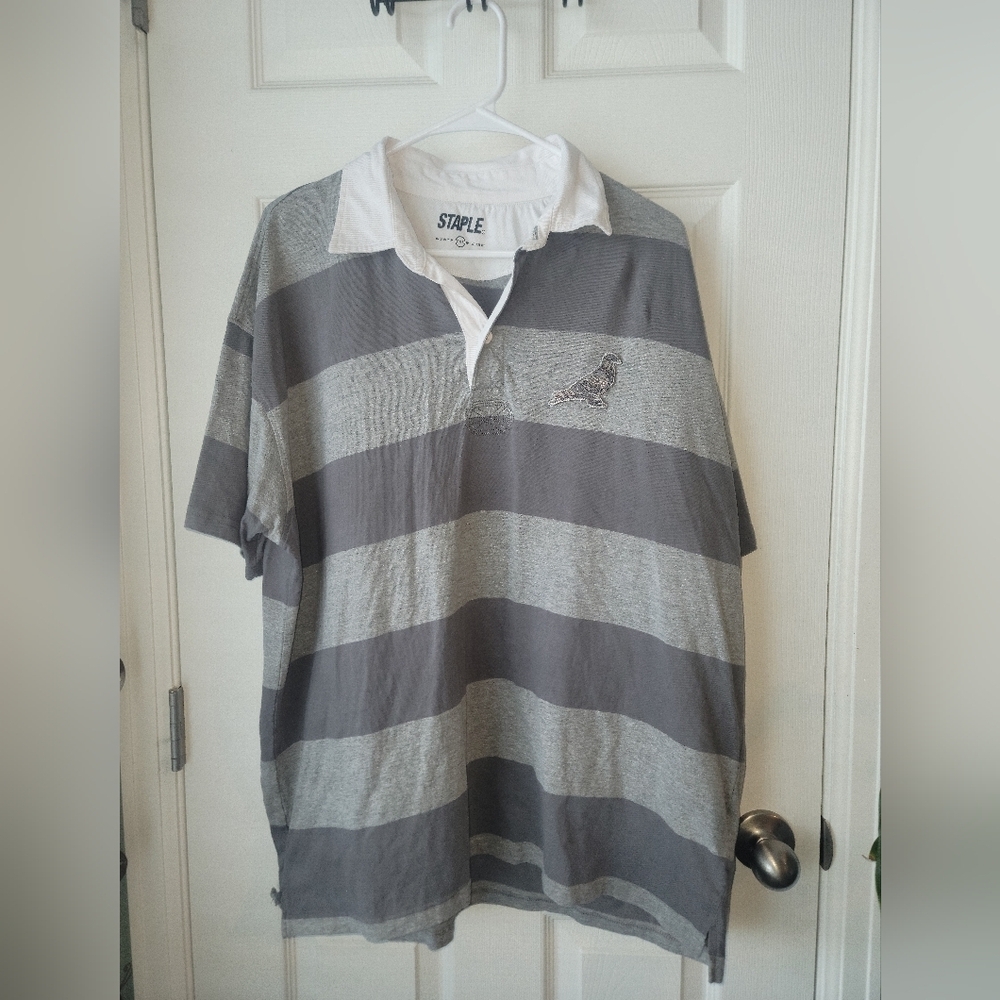 Mens Staple Pigeon White Collar Polo Shirt Black Gray Wide Stripe Size 2XL Logo